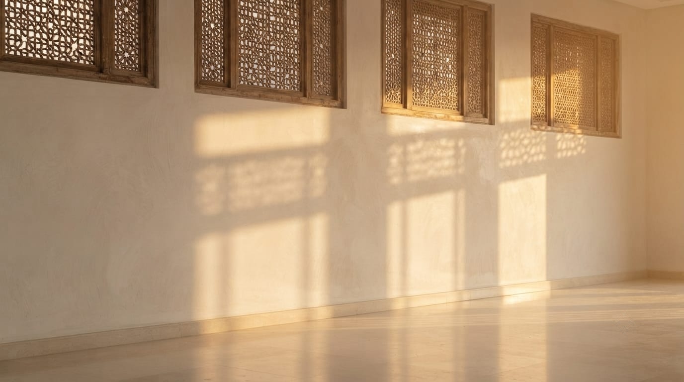 Warm afternoon light through carved wooden lattice windows